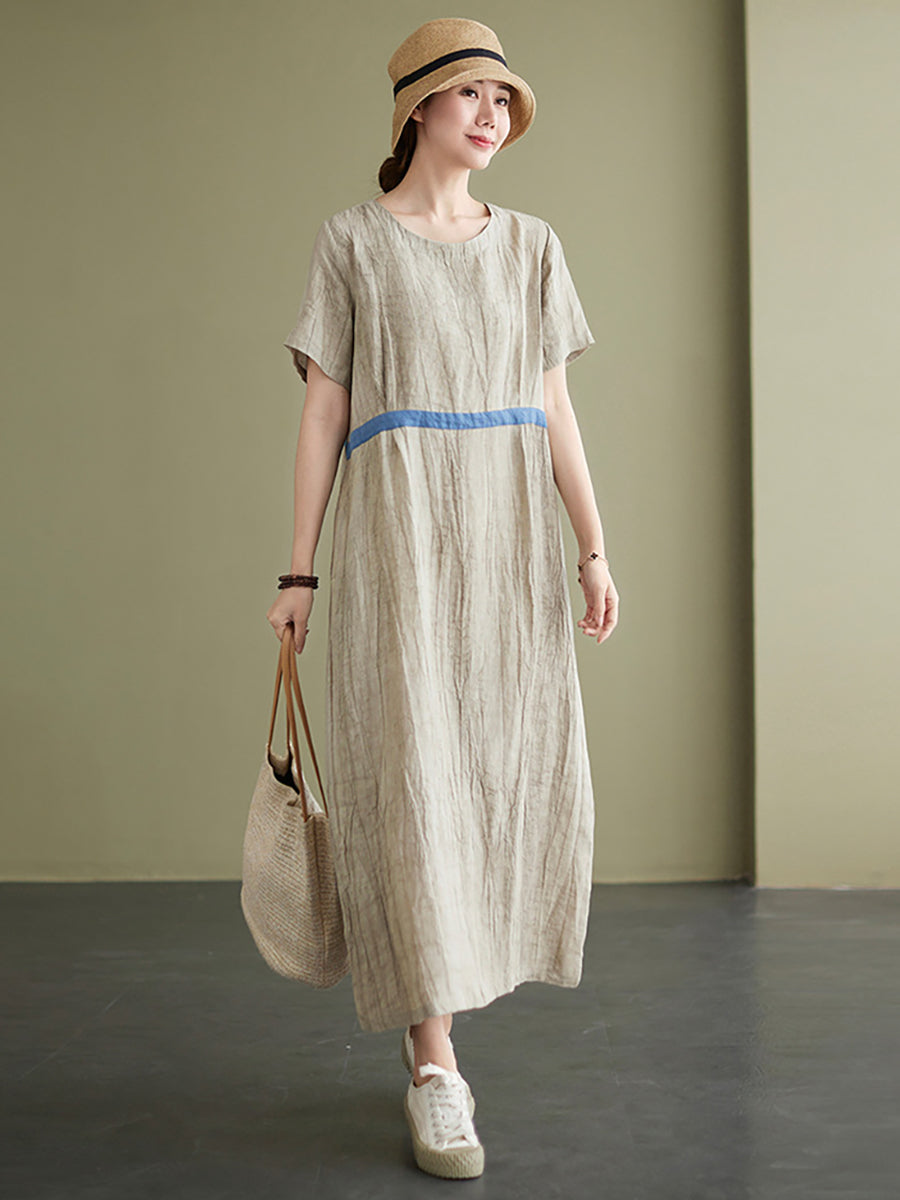Textured Round Neck Short Sleeve Loose A-Line Maxi Dress - View 5