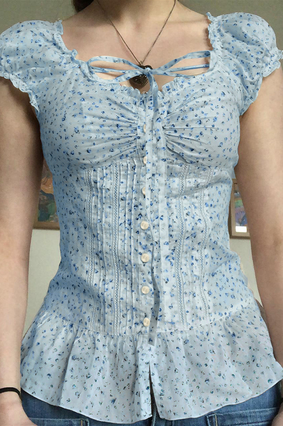 Vintage Floral Tie Buttoned Puff Sleeve Blouse