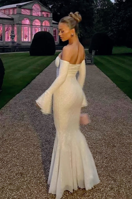 Lace Off Shoulder Bell Sleeve Sweetheart Mermaid Gown - View 3
