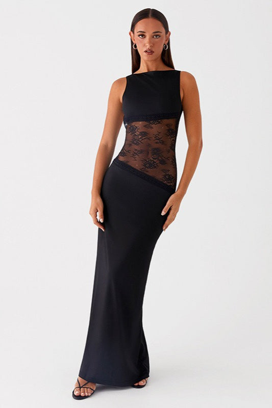 Backless Lace Sheer Mesh Satin Dress