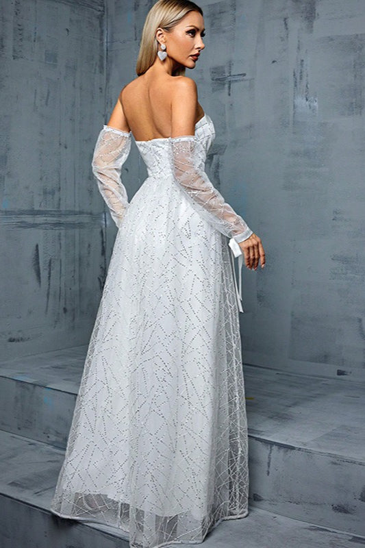 Glitter Tulle Strapless Corset Off Shoulder Sleeve Maxi Gown - View 3