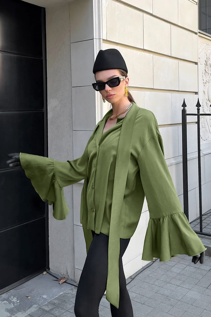 Lazy Flare Sleeve Ruffle Blouse