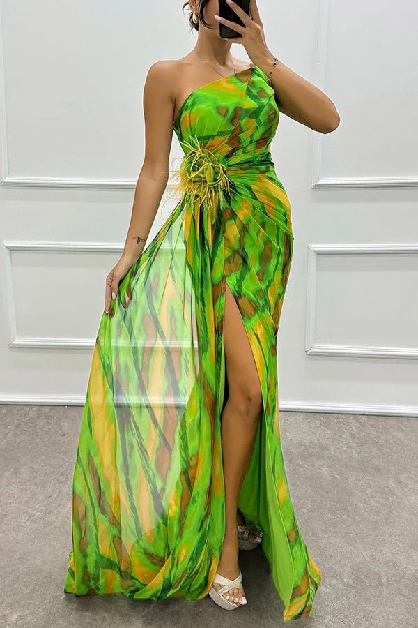 Renee Off Shoulder Watercolor Feather Maxi Dress - View 14