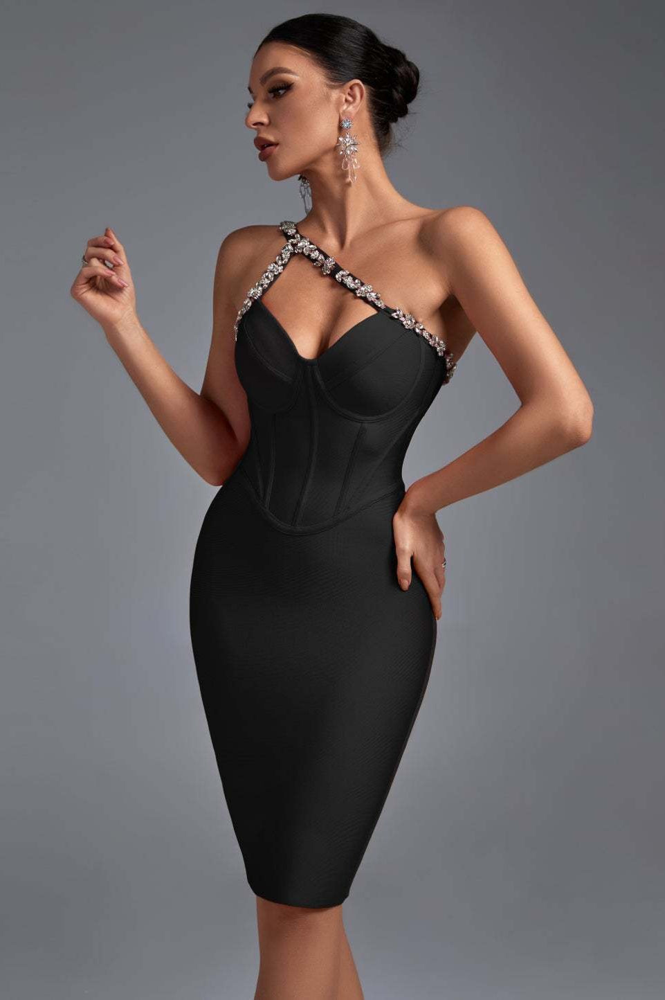 Rhinestone One Shoulder Sweetheart Corset Bandage Cocktail Midi Dress