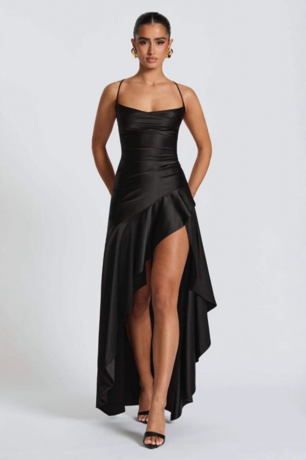 Satin Cowl Neck Lace Up Back Ruffle High Low Maxi Dress 5