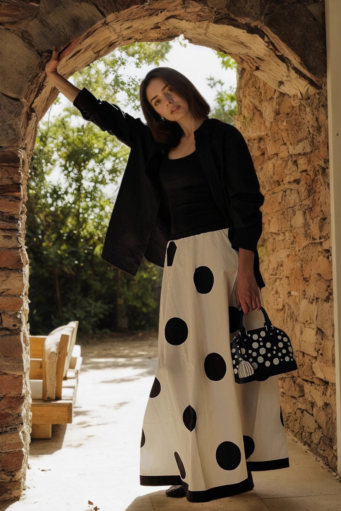 French Polka Dot Draped Midi Skirt