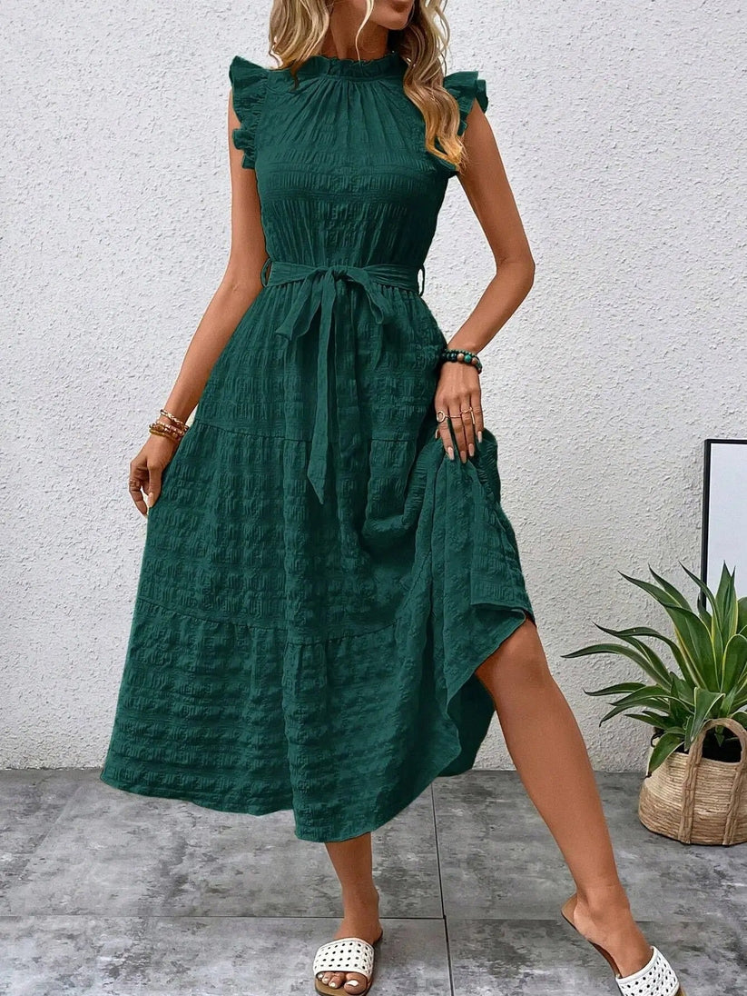 Crinkle Tie Waist Tiered Ruffle Collar Sleeveless Midi Summer Dress - View 2