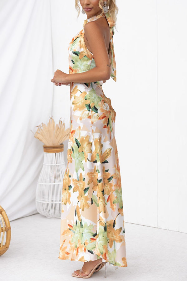 Satin Floral Halter Neck Backless Maxi Dress - View 4