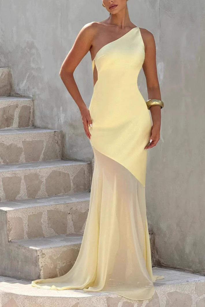 One Shoulder Cut Out Sheer Mesh Mermaid Prom Gown