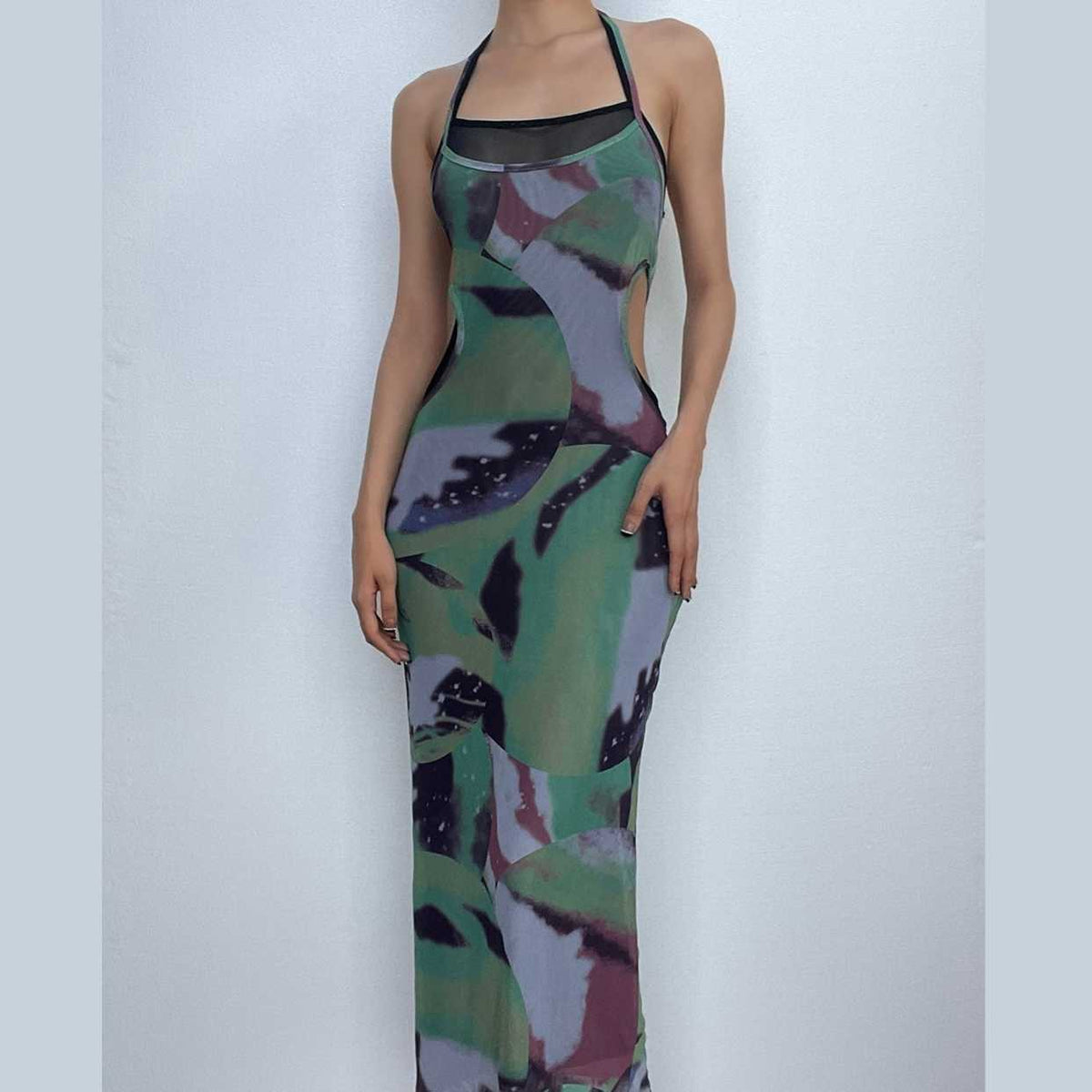 Halter self tie contrast print sheer mesh backless maxi dress