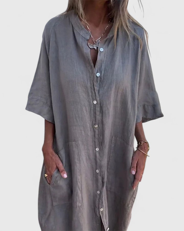 Collared Button Front Roll Sleeve Pocket Shirt Dress 2
