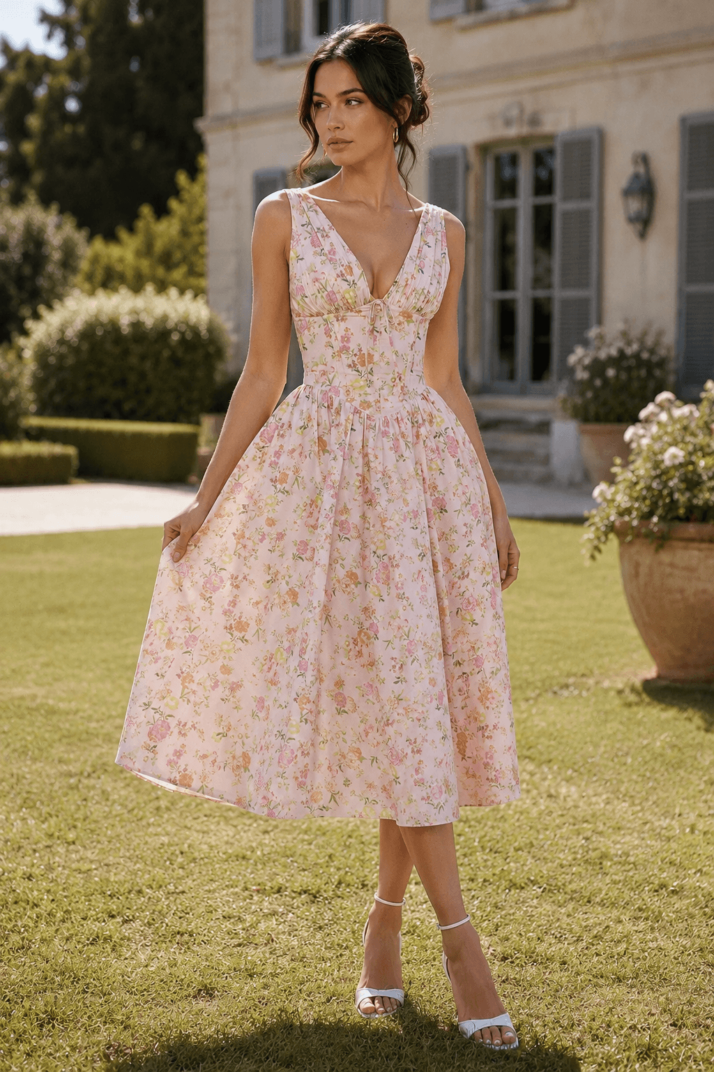 Floral Deep V-Neck Ruched Bodice Fit and Flare Midi Dress