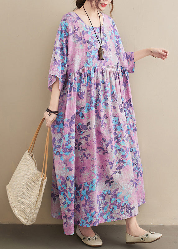 Botanical Print Round Neck Drop Shoulder Short Sleeve Maxi Dress - View 3