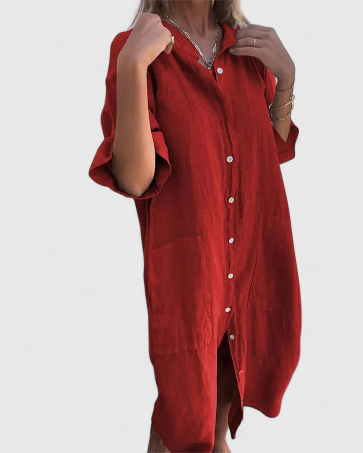 Collared Button Front Roll Sleeve Pocket Shirt Dress 3