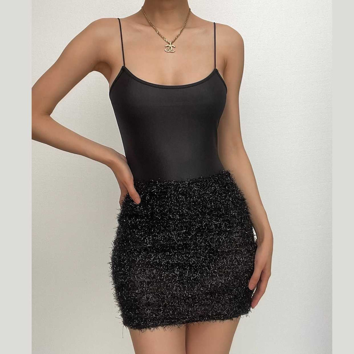 Textured solid satin u neck spaghetti strap sleeveless mini dress