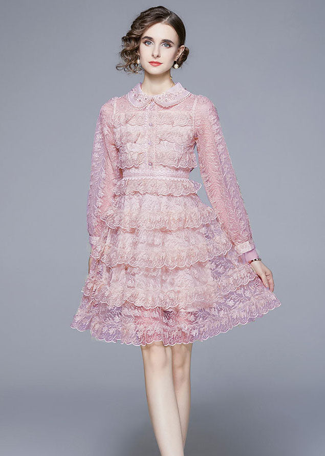 Lace Peter Pan Collar Button Front Tiered Ruffle Mini Dress - View 2