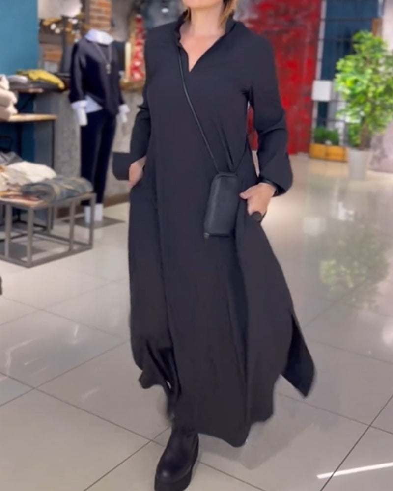 Deep V-Neck Long Sleeve Wide Cuff Loose Maxi Dress - View 2