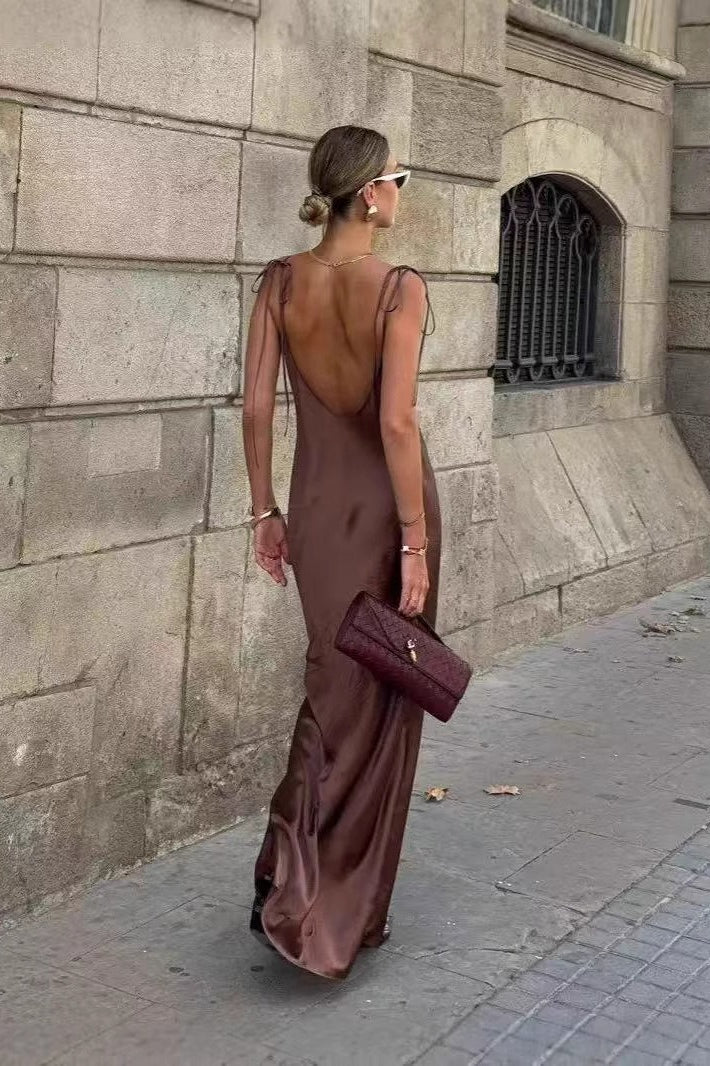 Satin Cami Backless Silk Dress in Brown - View 4