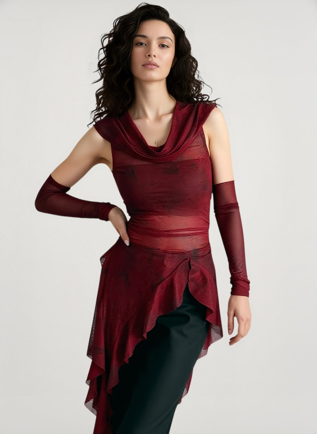 Cyber Grunge Mesh Hooded Sheer Top