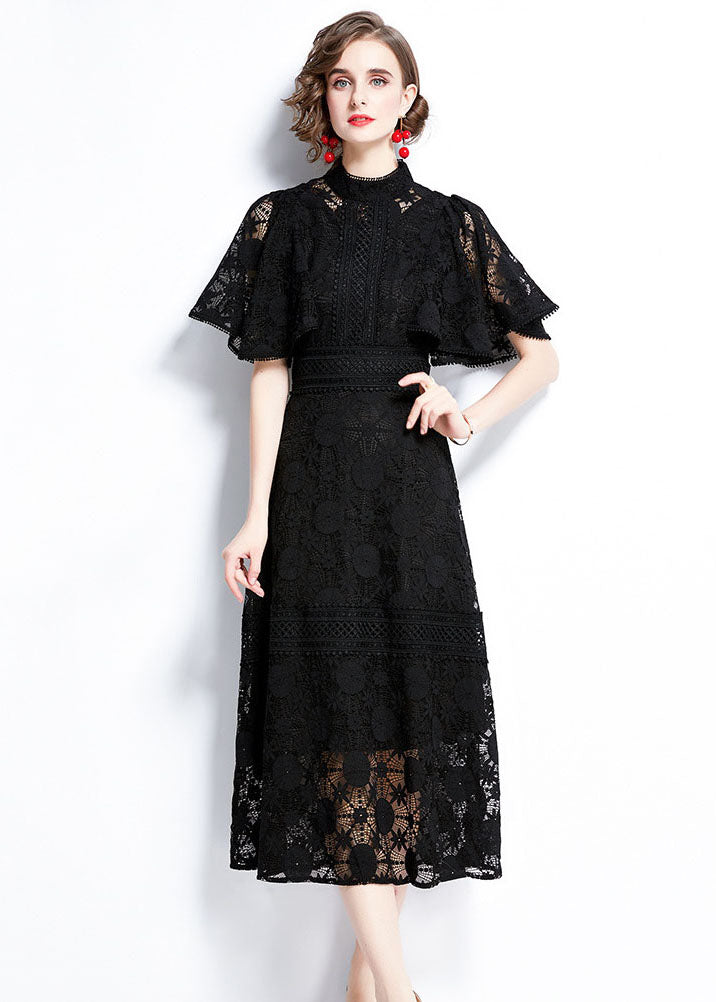 Lace Mock Neck Flutter Sleeve A-Line Midi Dress - View 2