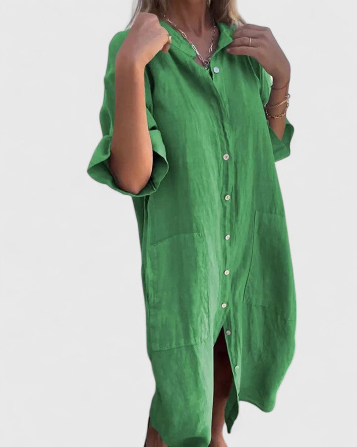 Collared Button Front Roll Sleeve Pocket Shirt Dress 5