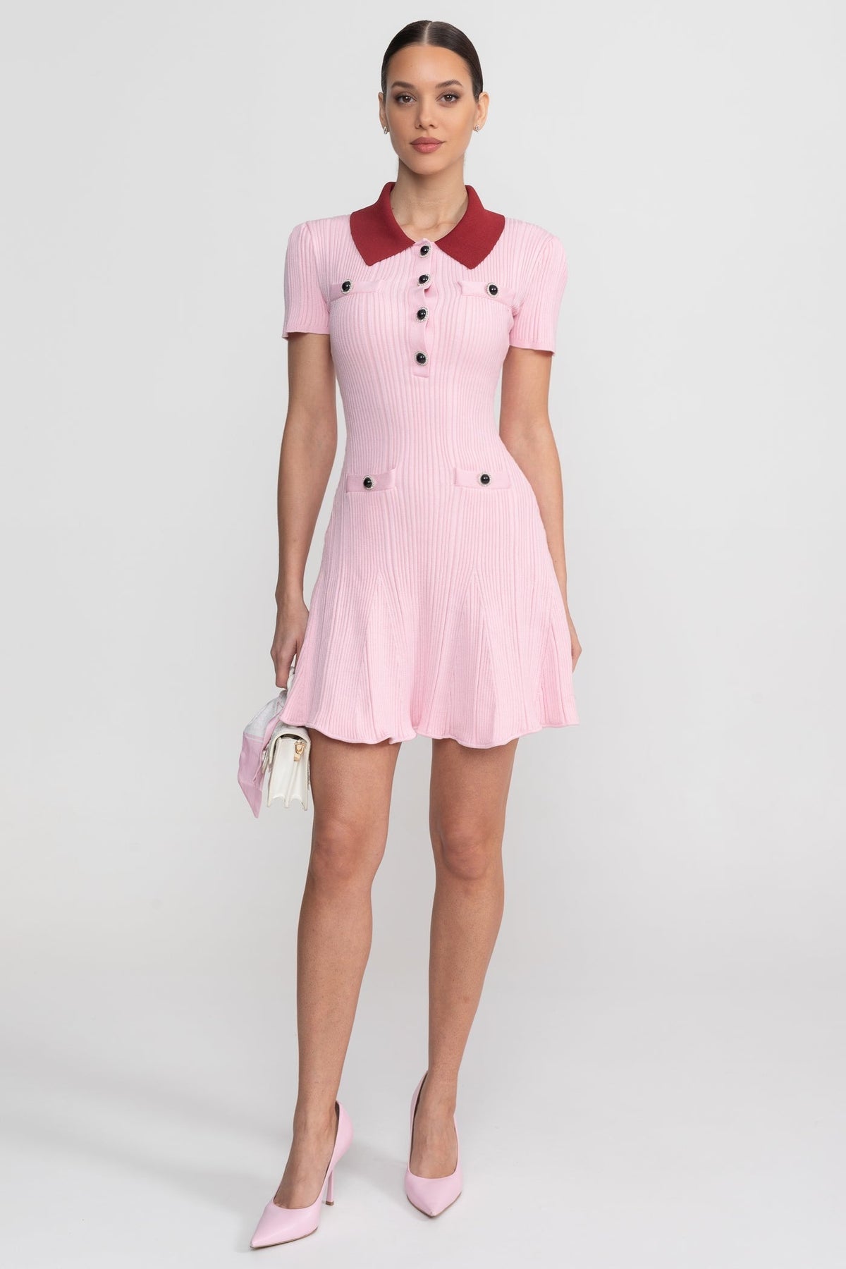 Ribbed Knit Contrast Collar Short Sleeve Button Front Mini Dress