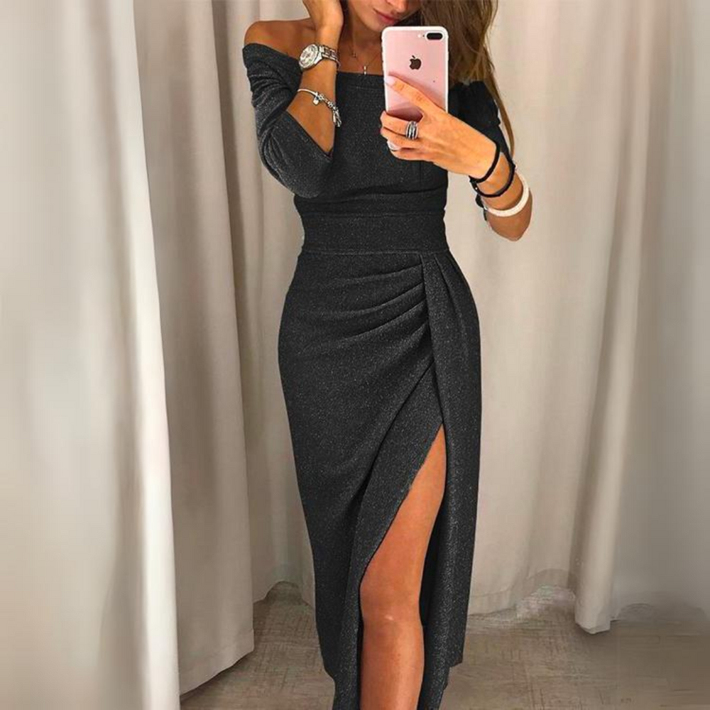 Glitter Off Shoulder 3/4 Sleeve Ruched Bodycon Midi Party Dress - View 2