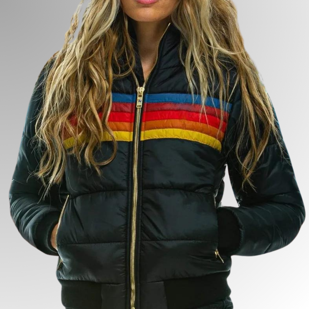 Hooded Zip Front Striped Panel Puffer Jacket 3