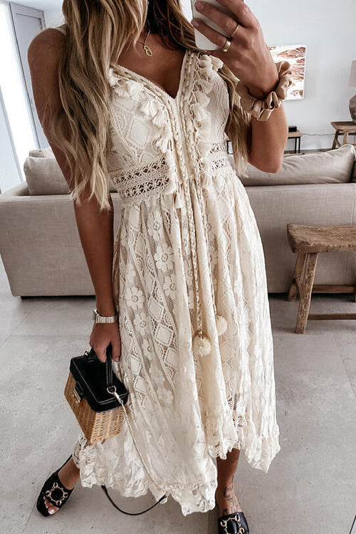 Crochet Lace V-Neck Tassel Tie High Low Maxi Dress 5