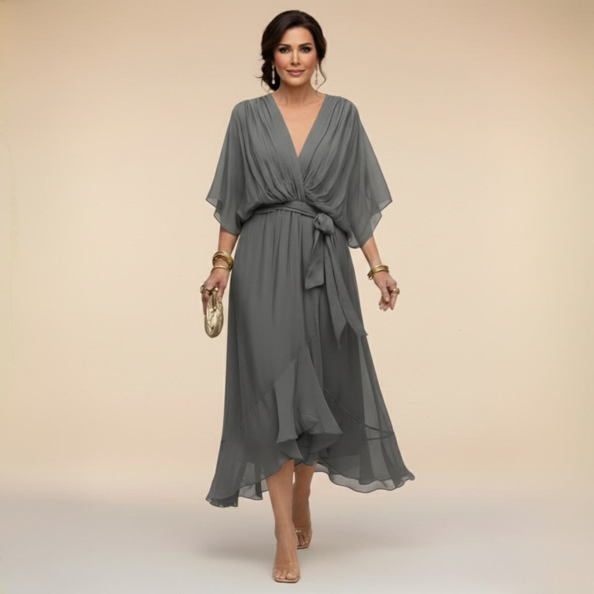 Deep V-Neck Flutter Sleeve Wrap Tie Ruffle Hem Chiffon Midi Dress 12