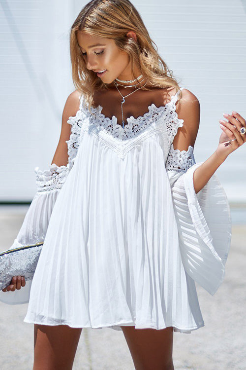 Lace Trim Cold Shoulder Bell Sleeve Pleated Chiffon Mini Dress