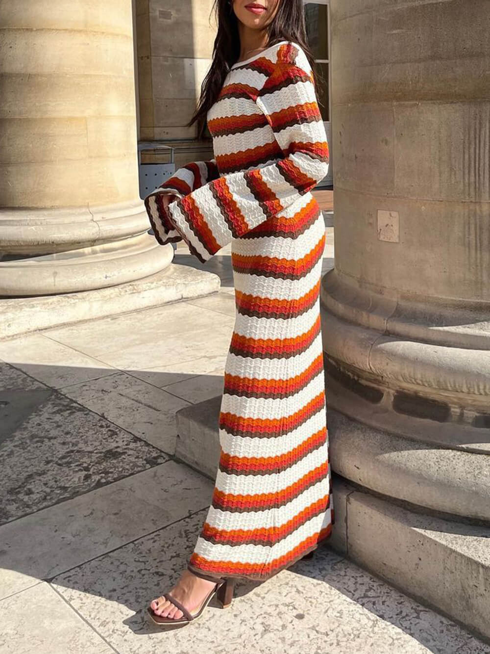 Crochet Zigzag Stripe Long Sleeve Bell Sleeve Maxi Dress - View 4