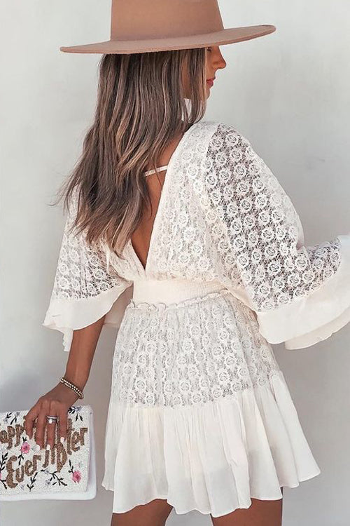 Floral Lace V-Neck Flutter Sleeve Button Front Tiered Mini Dress 10