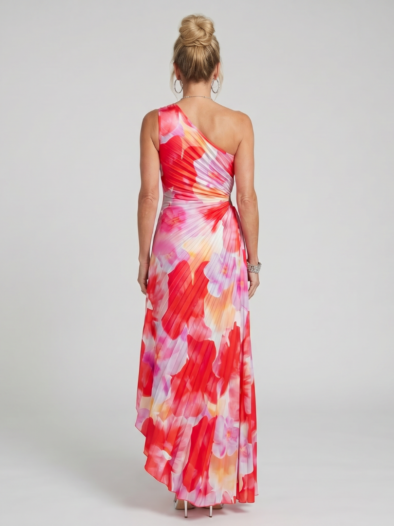 Floral One Shoulder Ruched Pleated Maxi Dress 4