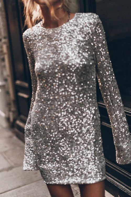 Sequin Round Neck Long Sleeve Mini Party Dress - View 4
