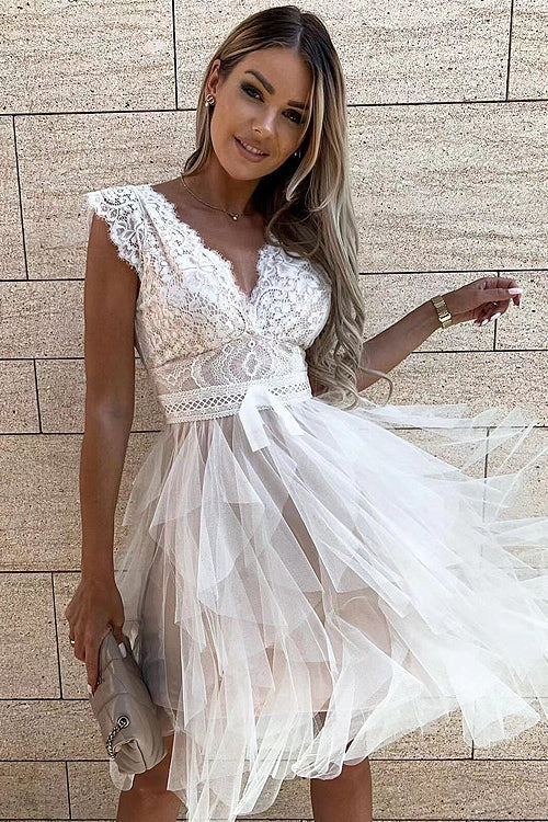 Lace Bodice V-Neck Cap Sleeve Tie Waist Tiered Tulle Mini Dress 5