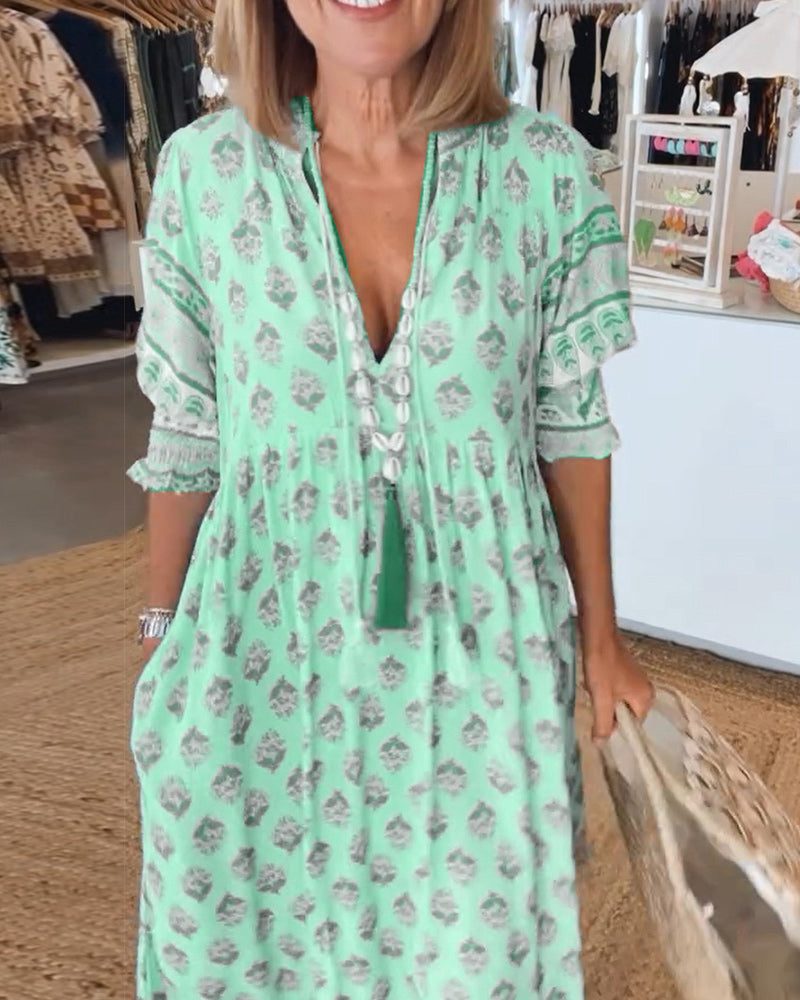 Printed V-Neck Ruffle Short Sleeve Tiered Maxi Dress 5