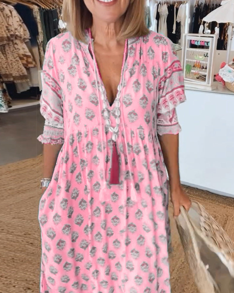 Printed V-Neck Ruffle Short Sleeve Tiered Maxi Dress 9