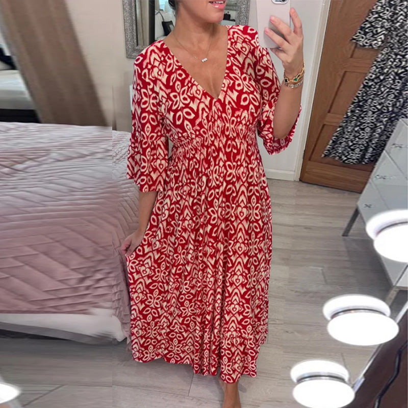 Geometric Print V-Neck Shirred Waist Bell Sleeve A-Line Maxi Dress