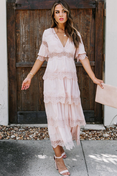 V-Neck Short Sleeve Lace Trim Tiered Boho Maxi Dress 6