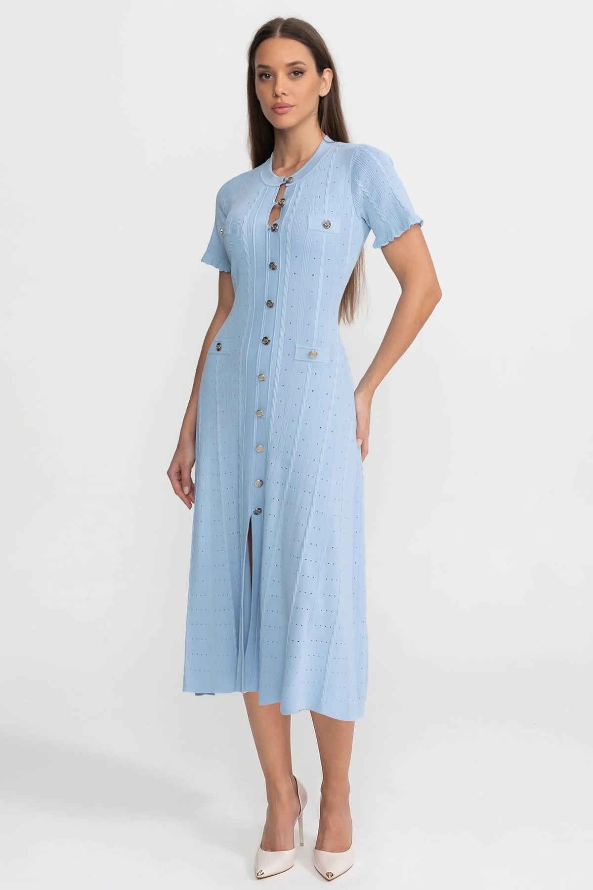 Knit Button-Front Midi Dress with Scalloped Sleeves – Baby Blue - View 5