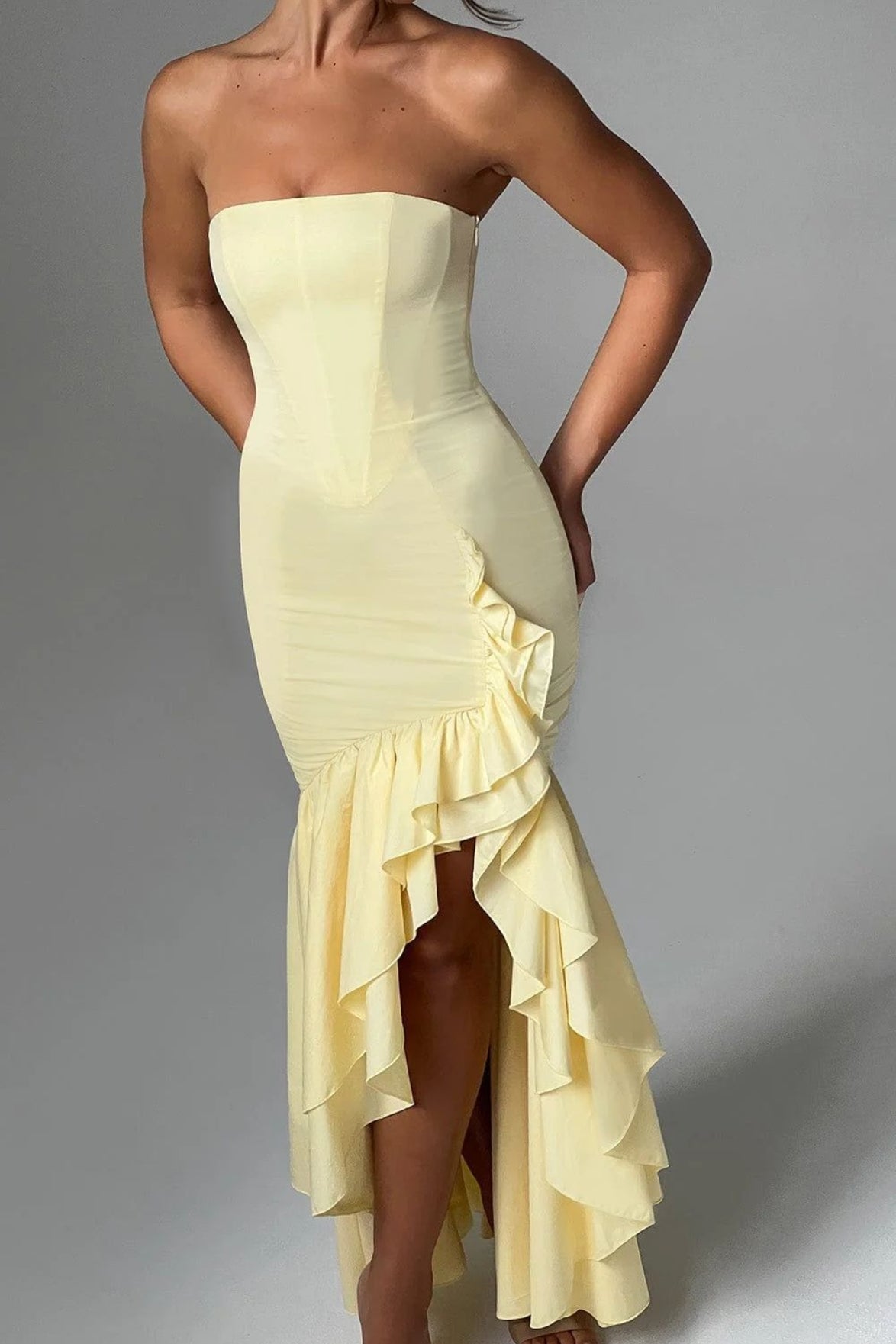 Strapless High Split Ruffle Slim Mermaid Maxi Prom Dress - View 11
