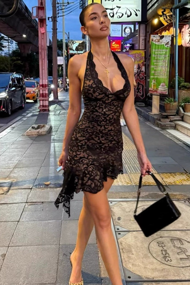 Backless Deep V-Neck Lace Bodycon Mini Dress