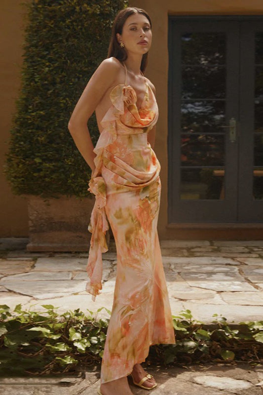 Floral Chiffon Cowl Neck Ruffle Slip Maxi Dress - View 4