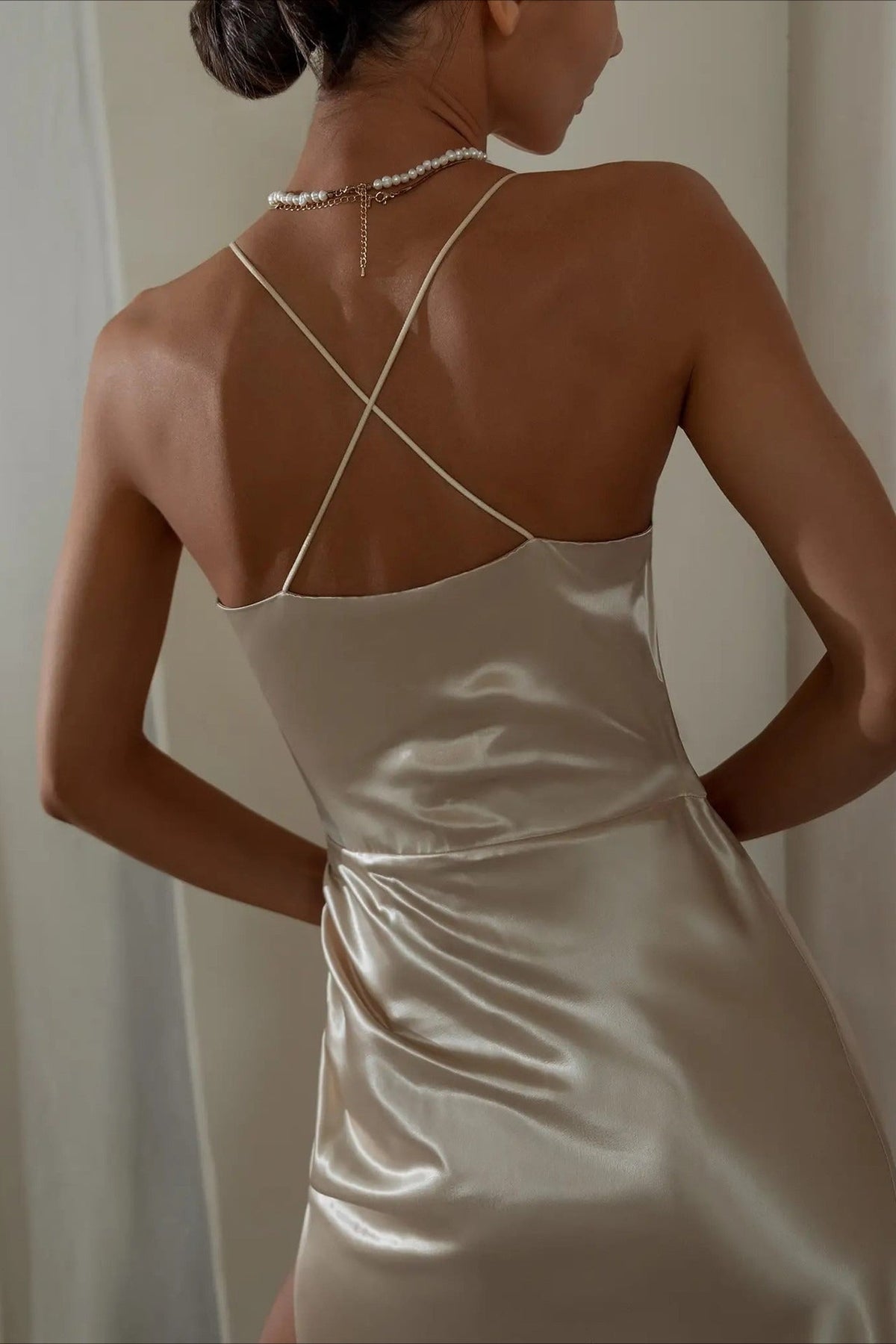Satin Spaghetti Strap V-Neck Ruched High Split Bodycon Maxi Dress - View 3