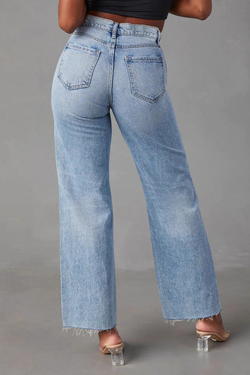 Vintage Washed Distressed Straight-Leg Denim Jeans