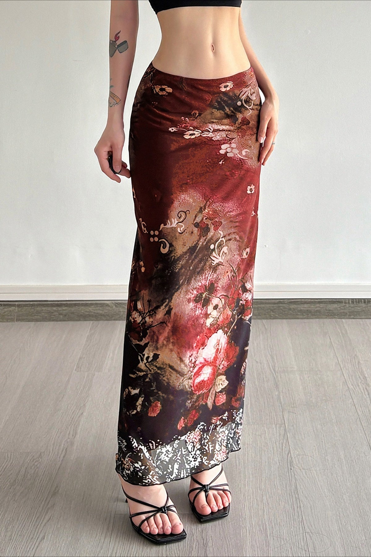 Vintage Art Print Sheer Panel Bodycon Skirt