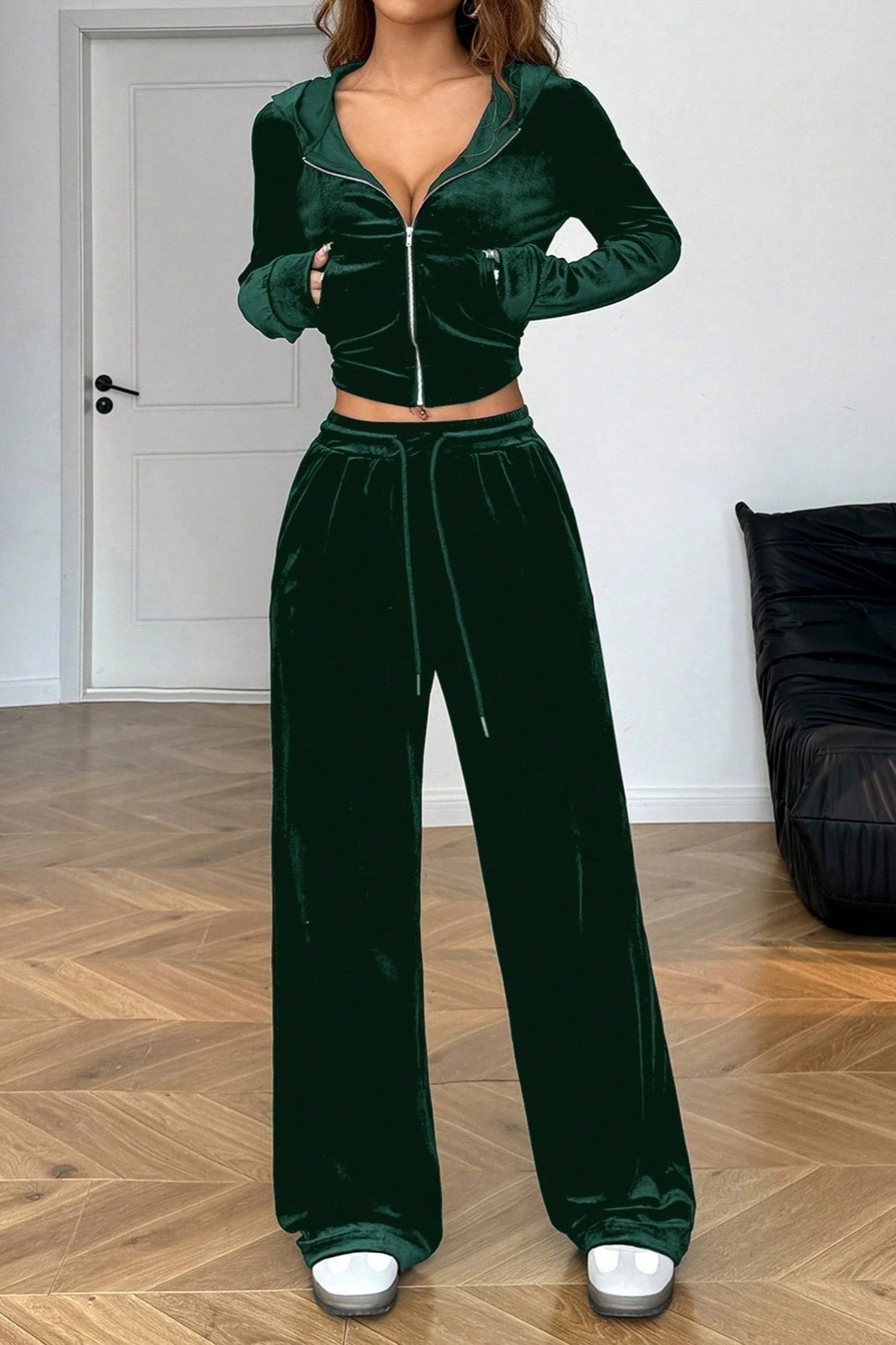 Y2K Retro Solid Loose Hooded Cardigan Two Piece Set