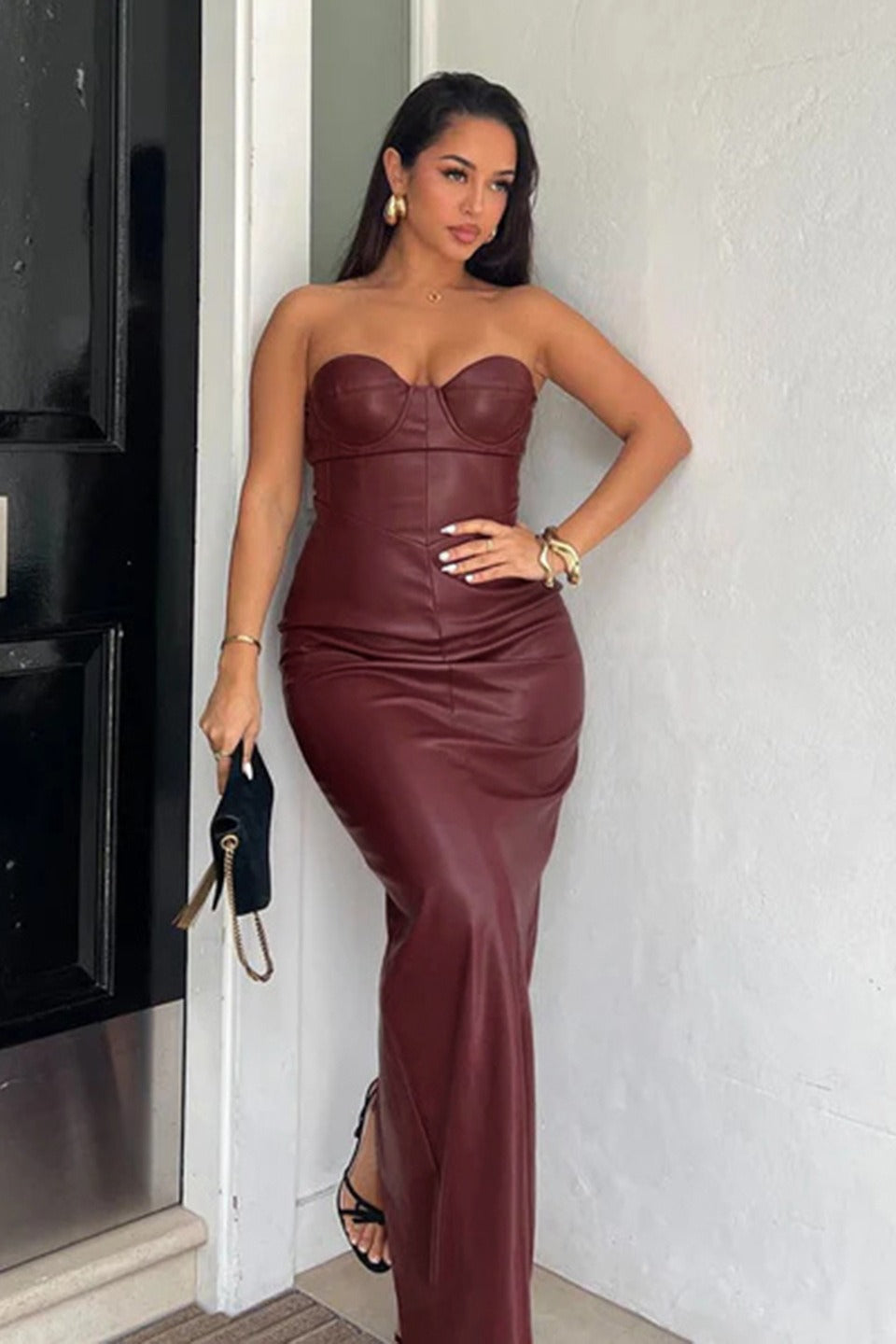 Faux Leather Strapless Corset Bodycon Maxi Party Dress - View 4