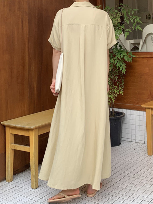 Notched Collar Button Front Patch Pocket Rolled Maxi Shirt Dress - View 4